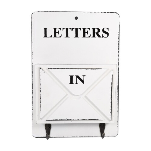 Wall Storage White Wooden Mail Rack with Key Holder and Hooks 1