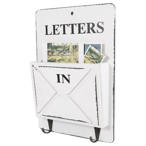 Wall Storage White Wooden Mail Rack with Key Holder and Hooks 2