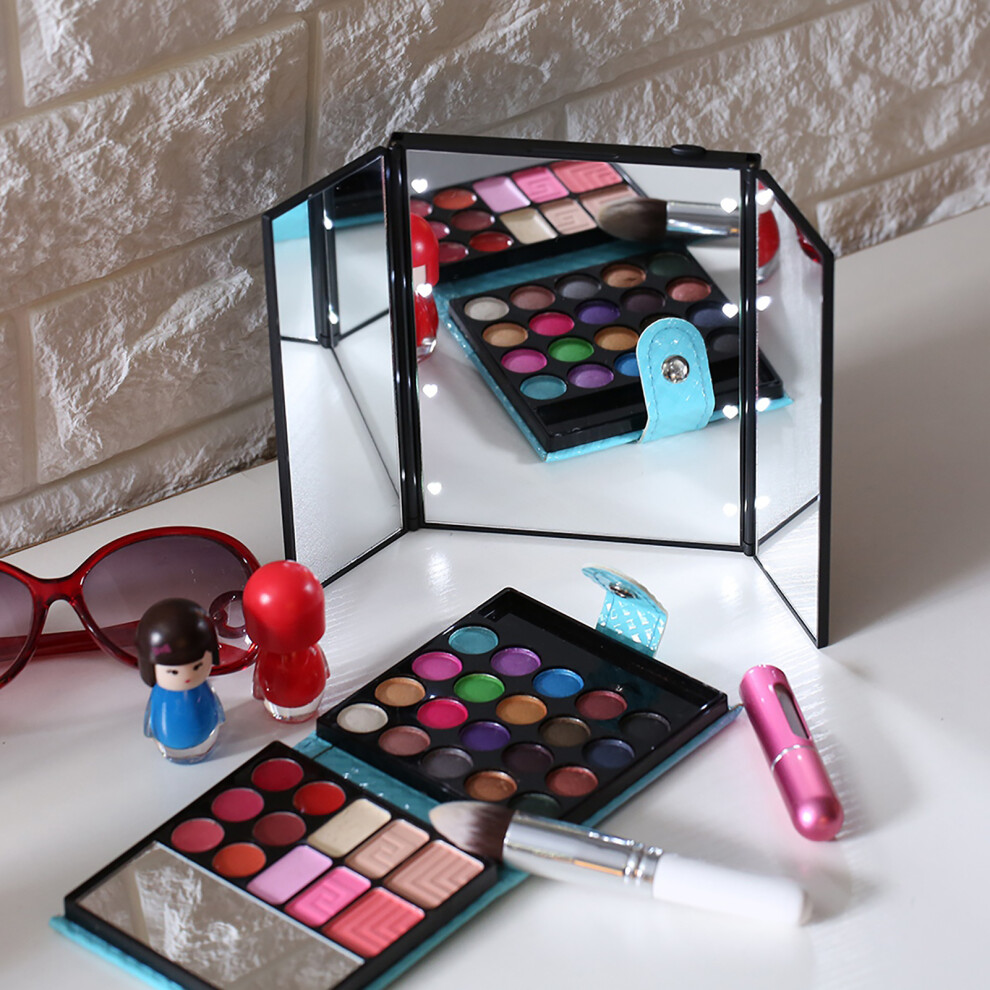 Foldable 8 LED Tri-Sided Makeup Mirror, Black, Pocket Size