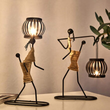 Metal Candle Holders 2Piece Set Little Girl Shaped Retro Black Iron Tea Light Holders With Hemp Rope Living Room (B+C)