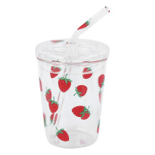 Gobelet en verre à motif fraise, jolis bocaux avec couvercle et paille, en verre borosilicate, idéal pour les boissons froides, résistant à la