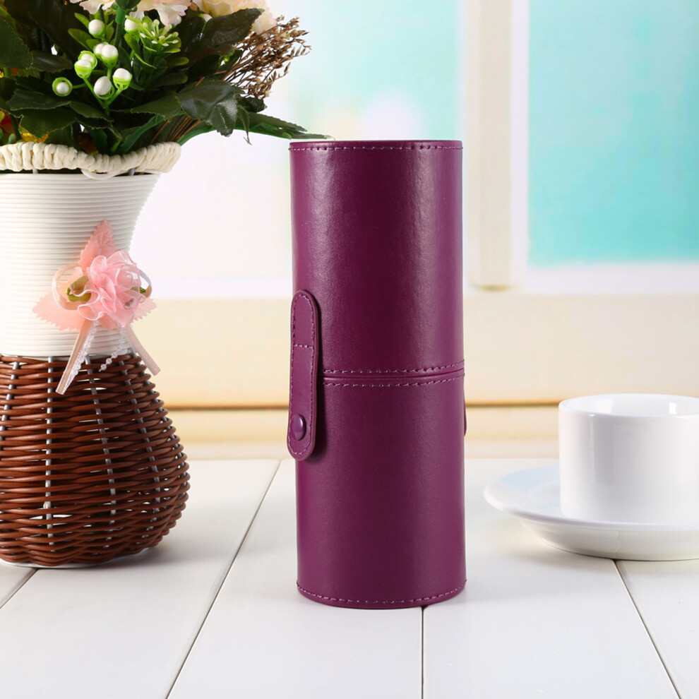 Purple Travel Makeup Brush Organizer Round Pen Holder Pu Leather Cosmetic Case