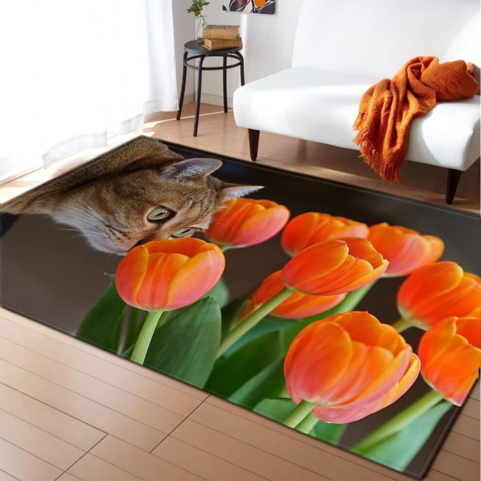 Kids Rug 3D Tulip Flower Cat Rug, 80 X 120 Cm, Childrens Rugs For Bedroom, Nursery Or Playroom Carpets, Area Carpet For Kids Room