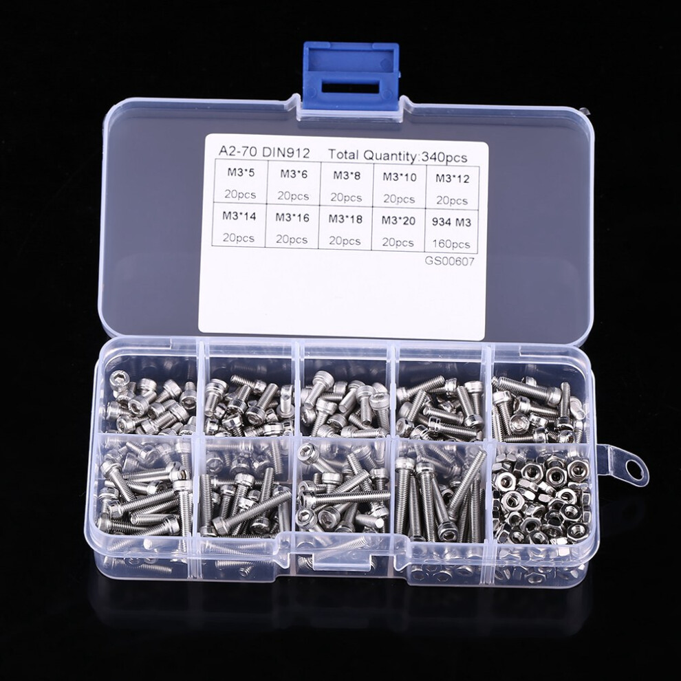 340Pcs M3 Ss304 Stainless Steel Hex Socket Cap Head Screws & Nuts Set 5041363076993