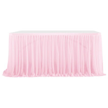 Fustă de masă din tul pentru mese dreptunghiulare, fustă de masă tutu din tul cu volane, design elegant și fluid cu plasă de bordură aurie,