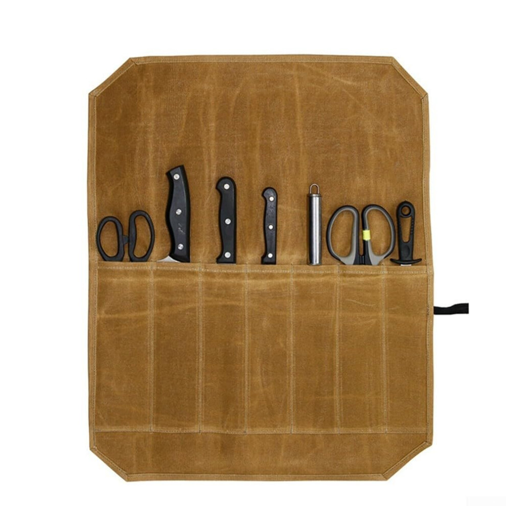 Waxed Canvas Roll Bag 8 Slots Waterproof Portable Cutlery Storage Case For Travel And Camping Khaki-image-OPC-PN5S57F-NEW