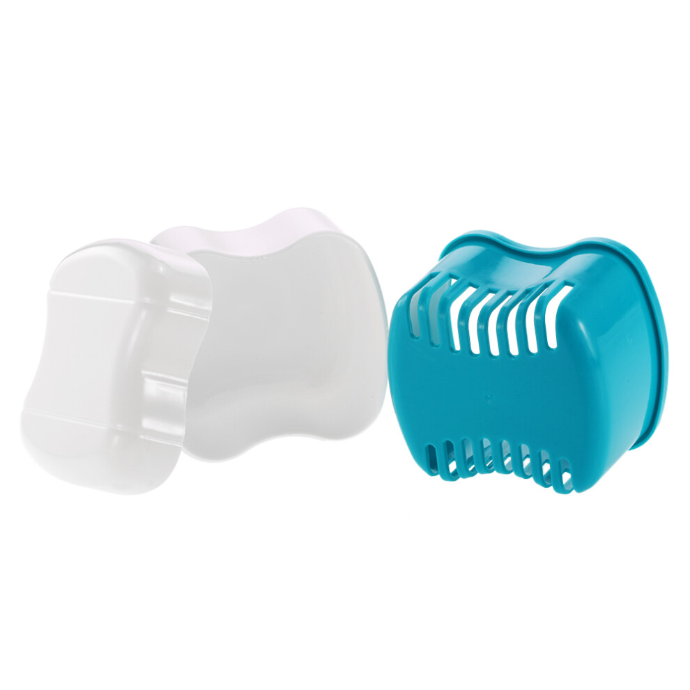 Denture Bath Box Case with Rinsing Basket, Portable PP, 8.7x7.7x7.7cm