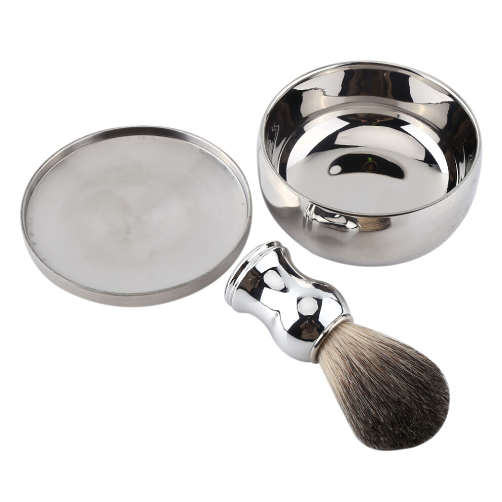 Silver Alloy Shaving Soap Mug Bowl With Lid & Faux Badger Brush, 11Cm