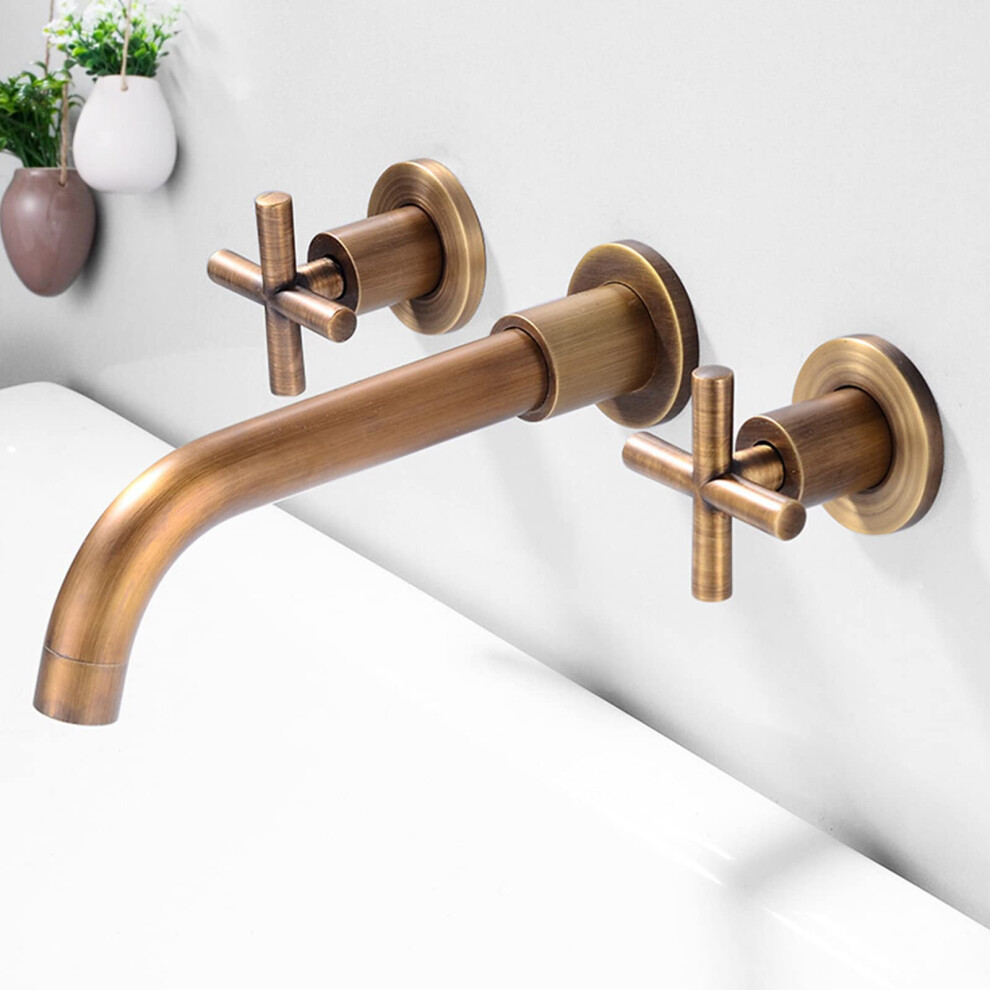 Vintage Brass Wallmounted Faucet Twohandle Bathroom Sink Mixer Tap, Retro Washbasin Faucet, Nostalgic Style 9067246941666