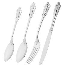 Retro bestickset i rostfritt stål, spegelblank finish, livsmedelsgodkänd, lyxig diskmaskinssäker, ergonomiska handtag, slitstarkt bestick i