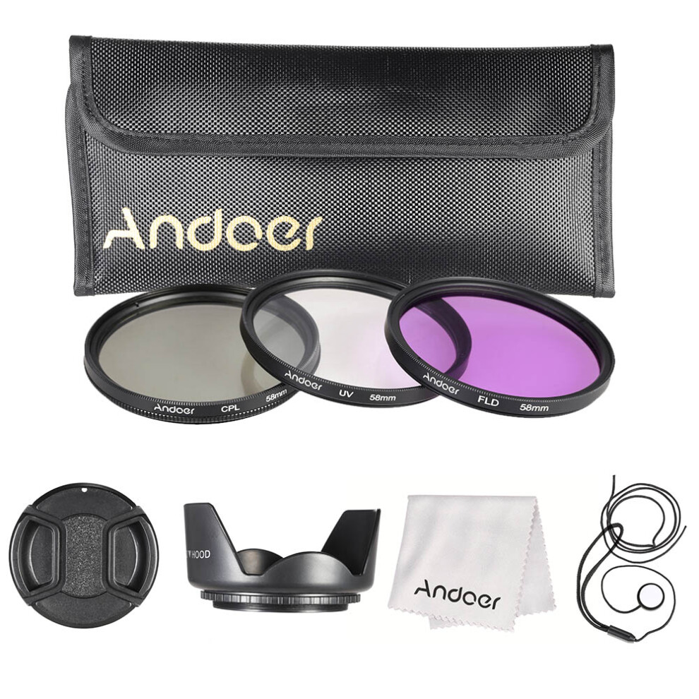 Andoer 58Mm Filter Kit: Uv+Cpl+Fld With Lens Cap Hood & Cleaning Cloth 8721363134141