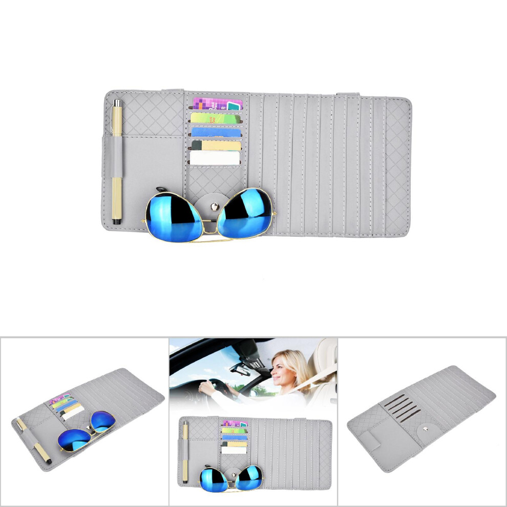 Car Sun Visor Organizer In Pu Leather Cd & Glasses Storage License Slot Grey 8151363155257