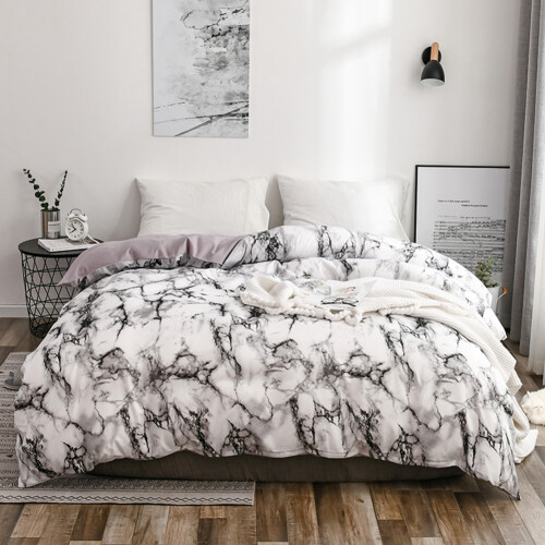 3Pcs Marbled Bedding Set EU Double Size White Polyester Pillowcase Quilt Cover 2