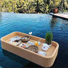 Rattan Woven Serving Tray With Handles, Floating Pool Tray, Apricot, Bar Table Tray For Drinks And Brunch