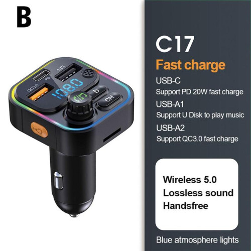 (B) Multifunctionele autolader met Bluetooth, MP3-speler, snellaadfunctie, luidspreker,