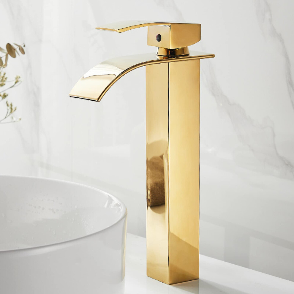 Bathroom Faucet Waterfall Stainless Steel Gold Finish, Hot Cold Water, Single Handle Arc Spout, Model B Color A 9105992272853