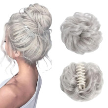 Bun Extension Clips For Women, Messy Bun Hair Piece, Claw Clip Extensions, Wavy Synthetic Curly Hair Light Gray
