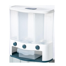 Dispensador de arroz y cereales para cocina, recipiente transparente para granos con tapa sellada para mantener la frescura y botón de fácil acceso.