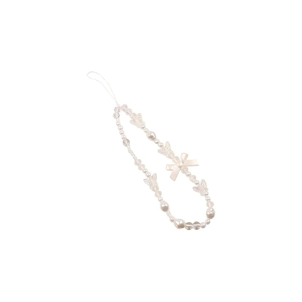 Mobile Phone Lanyard Beaded Butterfly Pearl Bow Wrist Strap Universal Phone Chain Antilost Charm Keychain White 9067246964306