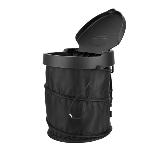 Foldable Car Trash Bin Black Oxford Cloth, Leakproof & Adjustable