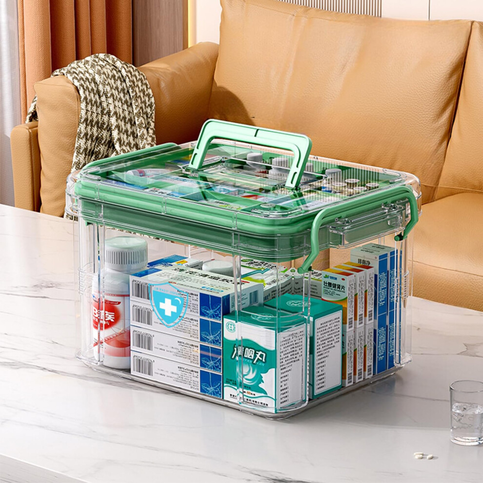 Green Medicine Storage Box Twotier With Lid, Double Layer Multigrid First Aid Box, Portable Household Medicine Cabinet