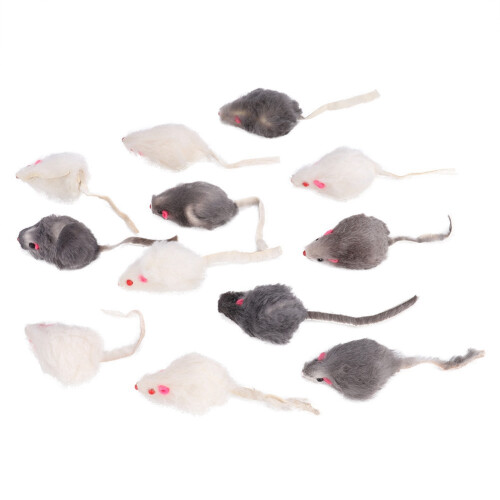 12 Stück Katzen-Plüschmäuse - Mini-Kunstmaus Grau/Weiß 1