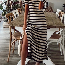 Langes schwarzes und weiß gestreiftes V-Ausschnitt-Kleid für Damen, Seitenschlitz, Größe S