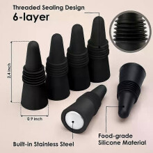 Lot de 6 bouchons de bouteille de vin en silicone noir avec joint fileté et embout en acier inoxydable,