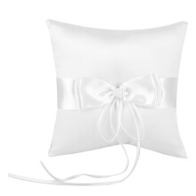 Beautiful 20x20cm White Satin Ring Pillow with Bow & Pearls