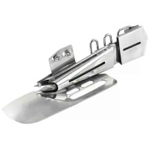 Reliure plate pour machine à coudre industrielle, avec ruban adhésif de fixation et point de recouvrement.