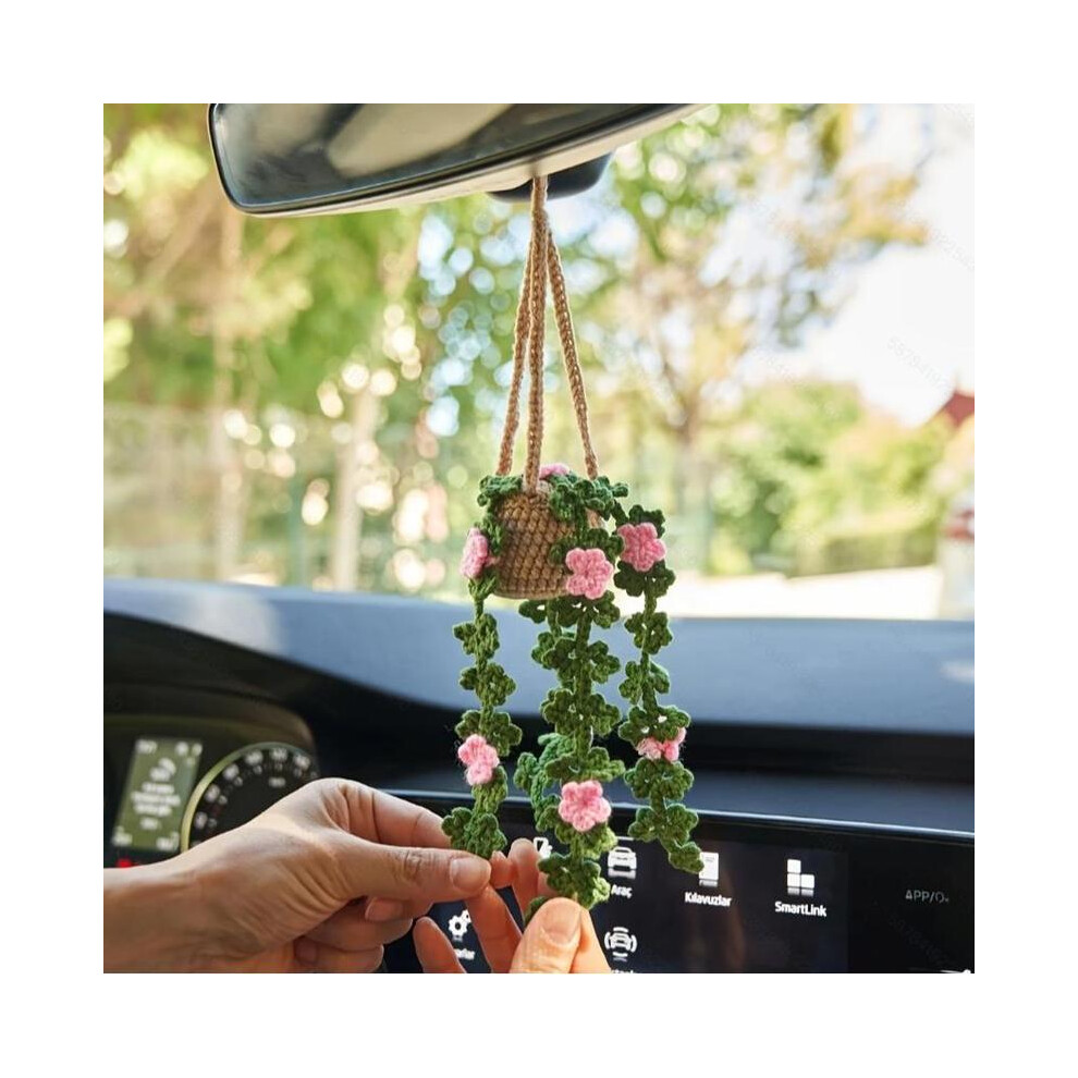 (, One-Size) Cute Crochet Car Rearview Mirror Hanging Ornament, Handmade Car Rearview Mirror Hanging Decoration, Car Interior Pink 5052987519278