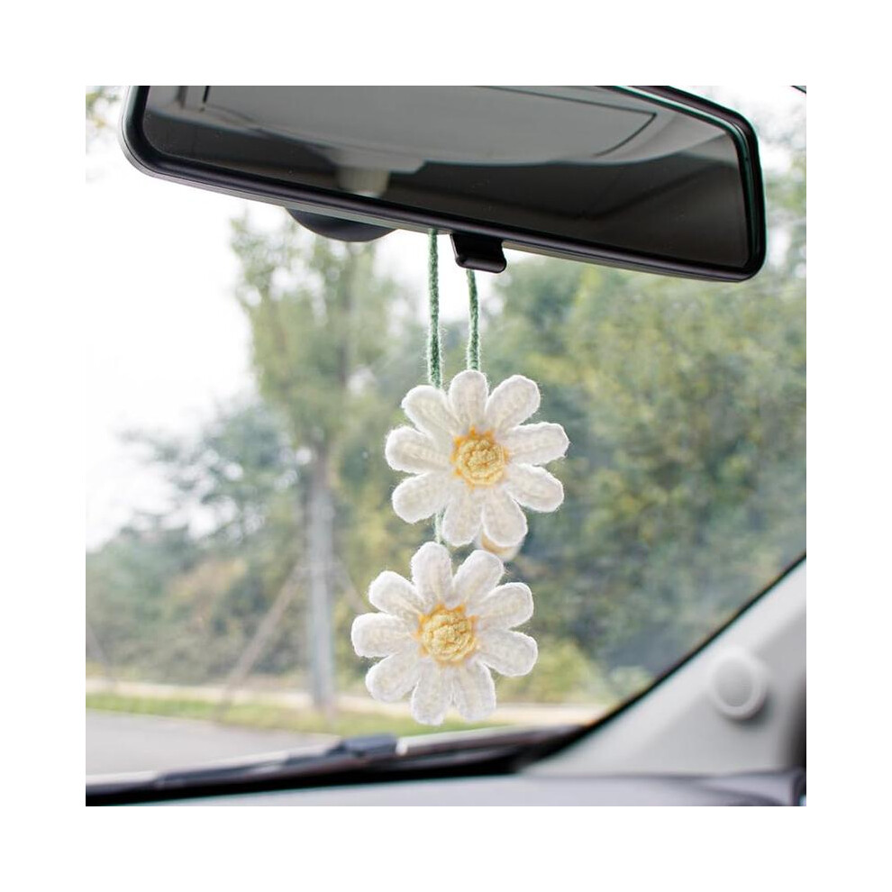 (., One-Size) Cute Crochet Daisy Design Car Rear View Mirror Hanging Charm, 1 Count Handmade Daisy Flower Car Decoration, Car White 5052987519551