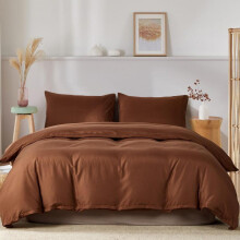 (Coffee Brown, US-Queen - 3 Counts) Solid Color Machine Washable Duvet Cover & Pillowcase Set without Filler, 2/3 Counts Including Modern Simple Style