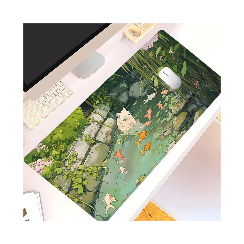 (Multicolor, 23.6*11.8Inches(60X30cm)) Cute Anime Cat & Fish Pattern Mouse Pad, Non-Slip Mouse Pad With Stitched Edge, Rubber Base Desk Pad For Home 5033790645880