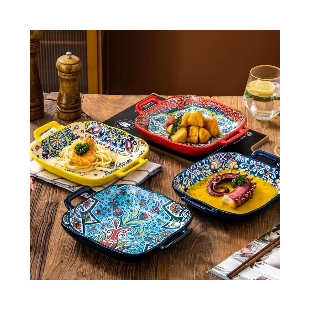 (2 Counts/set, Green) Boho Style Ceramic Serving Plate, 2 Counts/set Exquisite Flower Pattern Salad Plates with Handle, Creative-image-OPC-PN5ZGPV-NEW