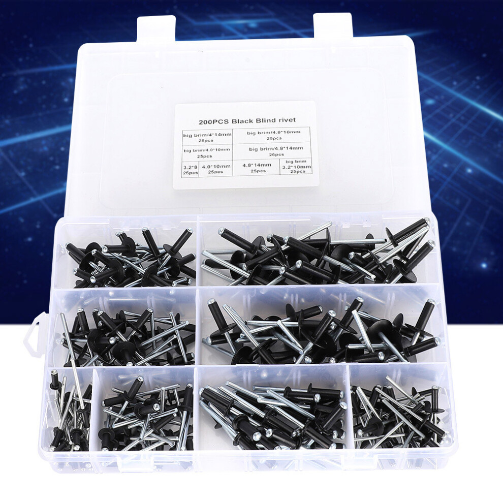200Pcs Aluminum Black Blind Rivet Kit Assortment 3.2Mm 4.0Mm 4.8Mm Fasteners 5021363318644