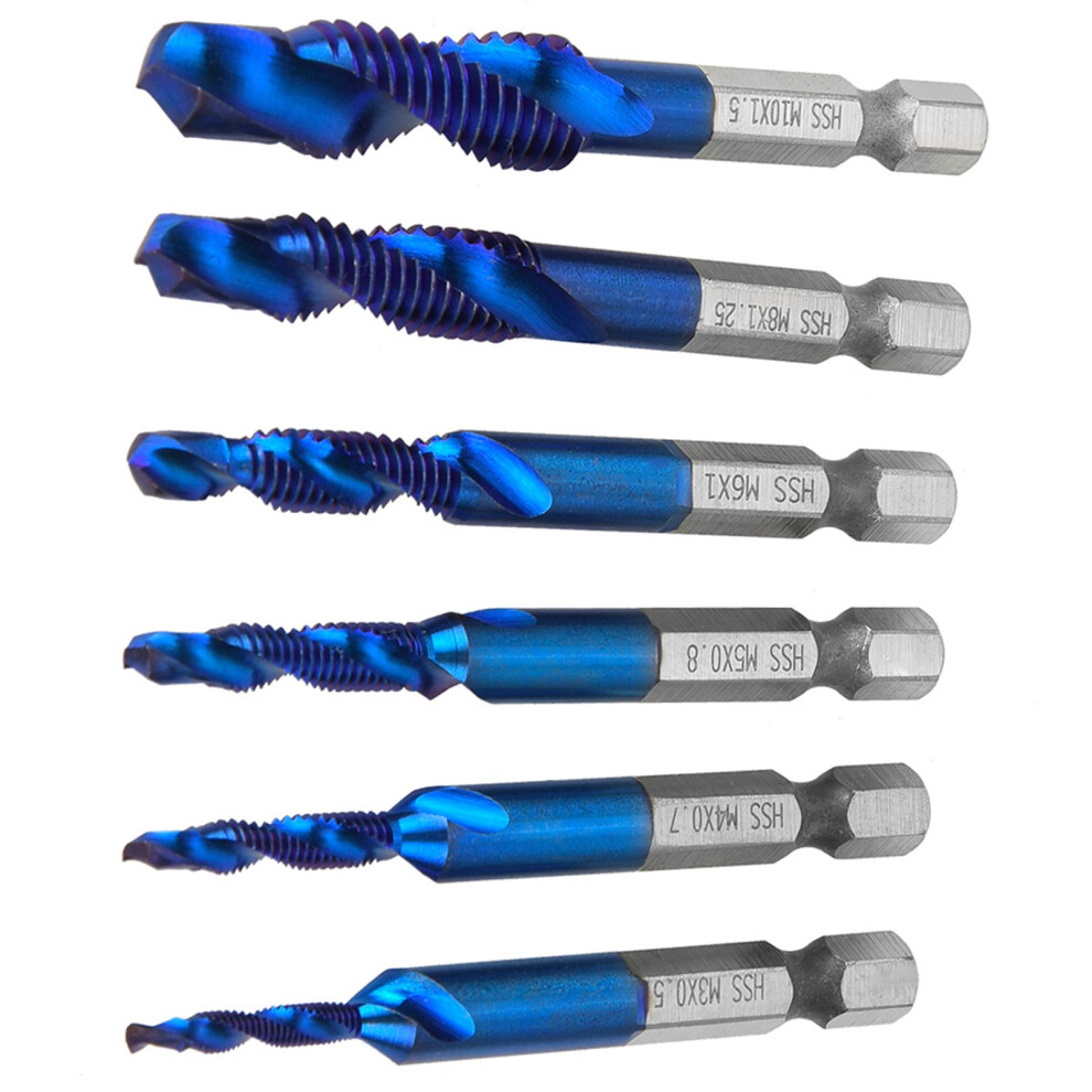 6Pcs High Speed Steel Hex Shank Tap Drill Bits M3-M10, Blue Coated 5051363324352