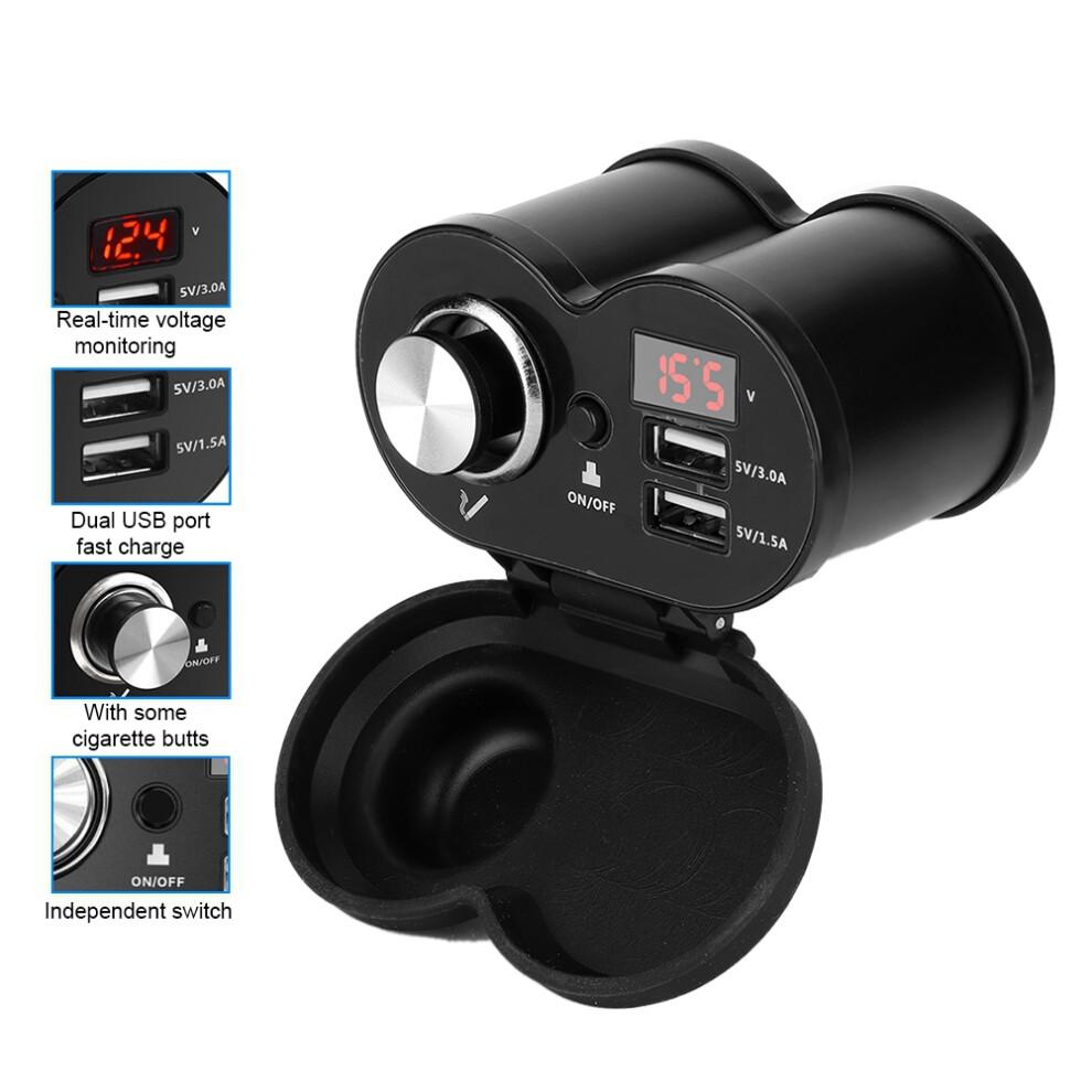 Motorcycle Dual Usb Charger With Voltmeter & Cigarette Lighter, Black 7901363341737