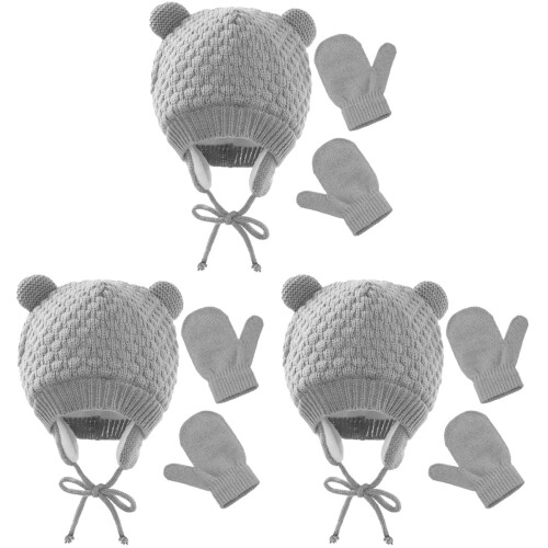 3Satser Varm Grå Babyhatt Vantar Sats Stickade För Barn 1