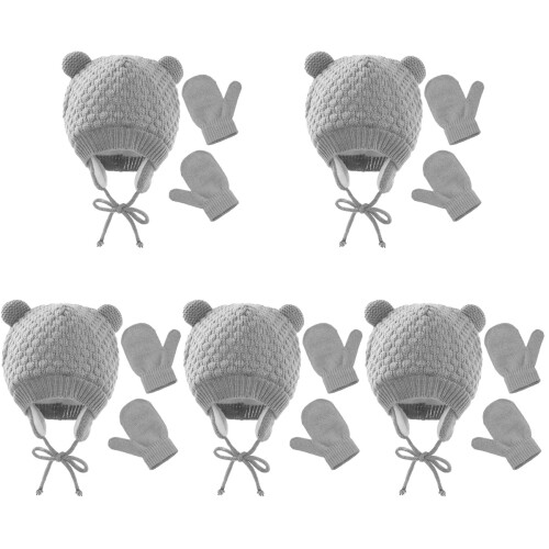5Satser Grå Babyhatt Vantar Sats Stickad Vintermössa För Barn 1