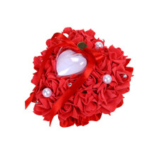Romantic Flower Bud Ring Pillow For Wedding Pearl Embellished Ring Cushion Heart Shape Bride Red 18x17x8 cm