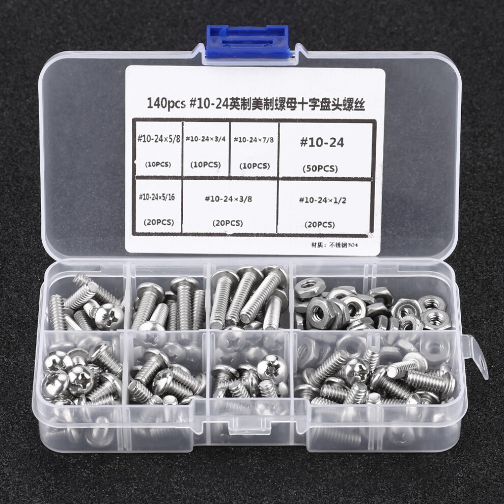 Stainless Steel Cross Pan Head Screws 140Pcs #10-24 With Plastic Storage Box 8411363375285