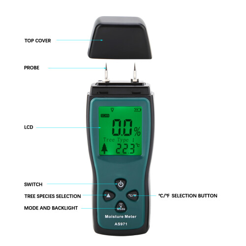 LCD Display Smart Sensor AS971 Wood Moisture & Humidity Meter 0~40C 2