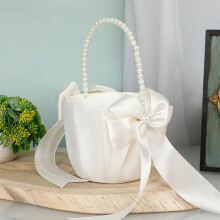 Ring Bearer Pillow And Flower Girl Basket Set 7x7 White Satin Ring Cushion PearlHandle Flower Girl Basket (Only Basket)