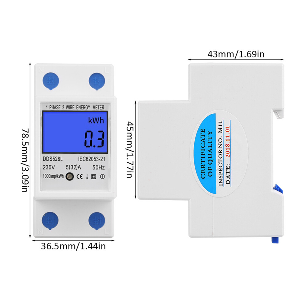 Energy Meter 5-32A Lcd Backlight Single Phase Watt Kwh Din Rail Mount 4311363387667