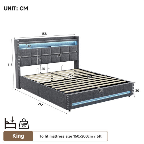 5ft King Upholstered Bed with Hydraulic Storage 1