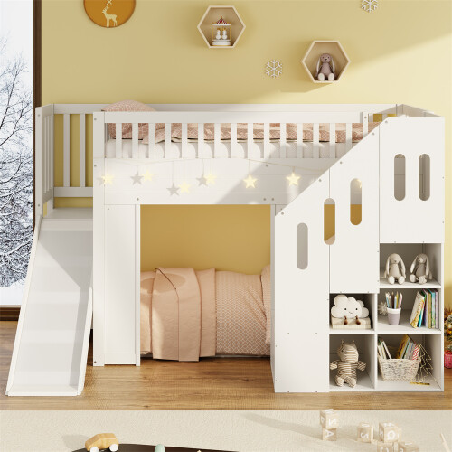 White Solid Wood Bunk Bed with Storage Stairs &LED 2