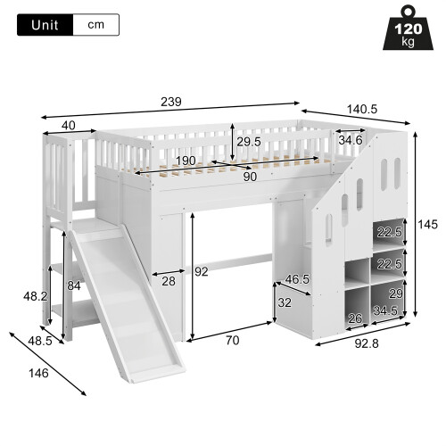 White Solid Wood Bunk Bed with Storage Stairs &LED 1