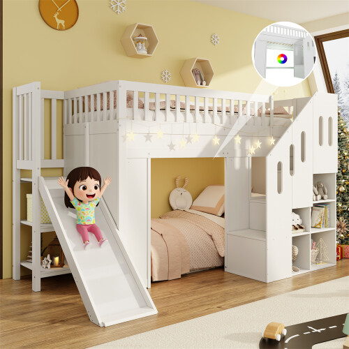 White Solid Wood Bunk Bed with Storage Stairs &LED