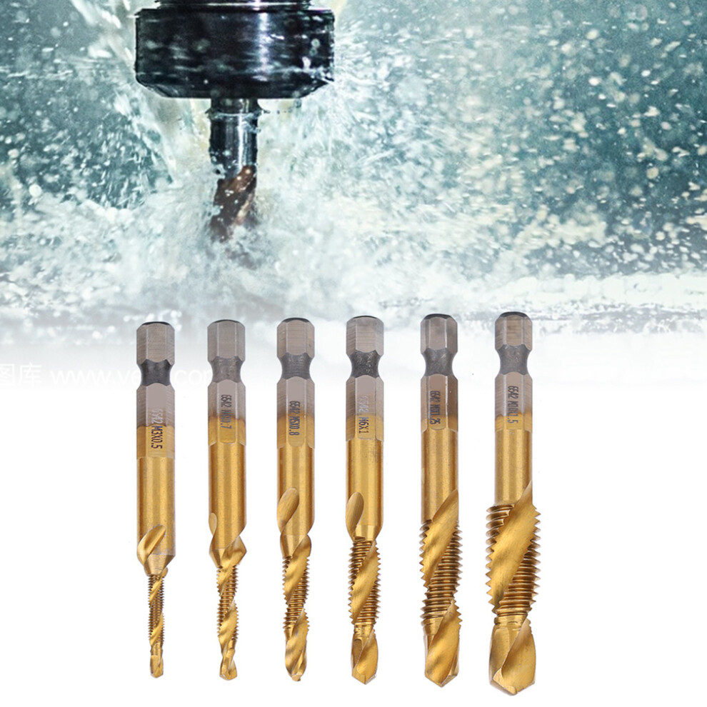 6Pcs Hss Titanium Coated Tap Drill Bit Set M3âM10, High Speed Steel, Silver+Gold 7891363407628